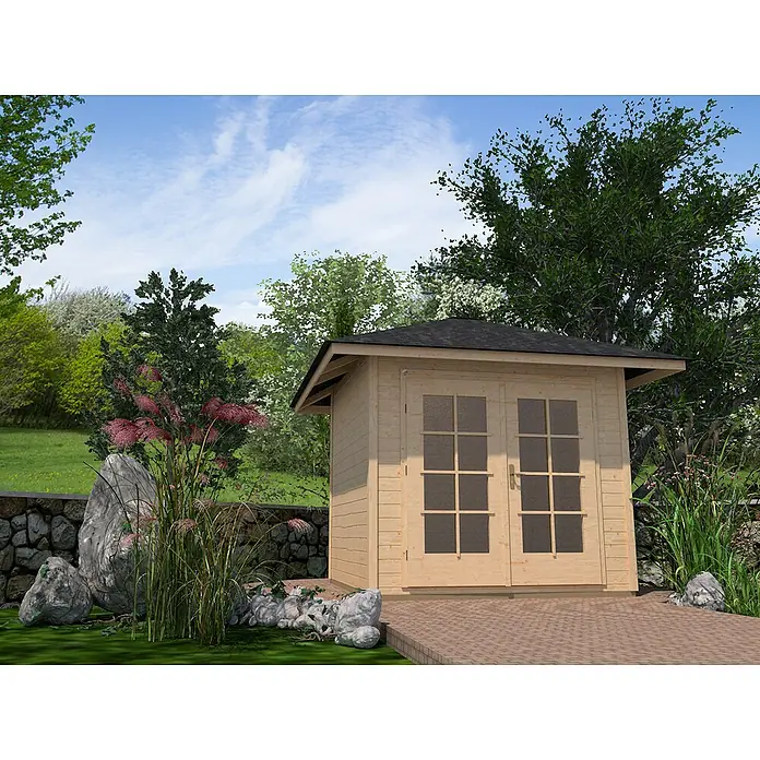 Weka Gartenhaus 177 - Holz, Natur - Hölzernes Gartenhaus mit Doppeltüren und dunklem Dach inmitten einer grünen Gartenlandschaft. Ideal für Gartenliebhaber.