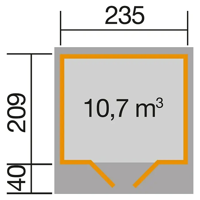 Weka Gerätehaus 179 - Holz, 4,958 m², Wandstärke: 28 mm, Anthrazit/Weiß - Abbildung eines Bauplans mit den Maßen 235 x 209 x 40 und einem Volumen von 10,7 m³.