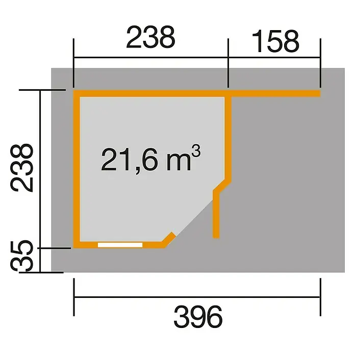 Weka Gartenhaus Designhaus 213 A - Außenmaß inkl. Dachüberstand (B x T): 442 x 278 cm, Holz, Natur, 9,425 m² - Grundriss eines Zimmers mit Maßen. Der Raum ist 21,6 m³ groß und hat eine unregelmäßige Form mit mehreren Messpunkten.