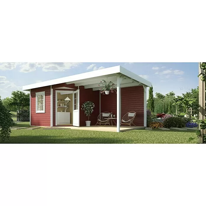 Weka Gartenhaus Designhaus 213 B+ - Außenmaß inkl. Dachüberstand (B x T): 584 x 279 cm, Holz, Schwedenrot/Weiß, 12,685 m² - Stimmungsaufnahme