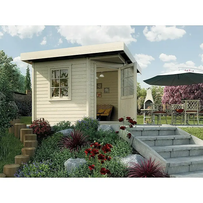Weka Gartenhaus Designhaus 213+ - Außenmaß inkl. Dachüberstand (B x T): 278 x 278 cm, Holz, Natur, 5,664 m² - Einladendes Gartenhaus mit offener Tür, umgeben von üppiger Bepflanzung und einer gemütlichen Sitzecke im Hintergrund.