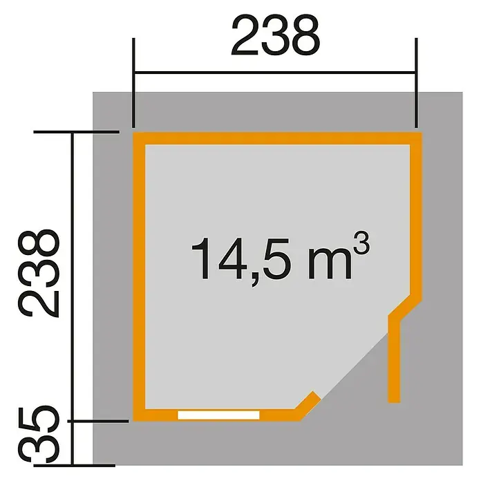 Weka Gartenhaus Designhaus 213+ - Außenmaß inkl. Dachüberstand (B x T): 278 x 278 cm, Holz, Natur, 5,664 m² - Grundriss des Gerätehauses mit den Maßen 238 x 238 cm und einem Volumen von 14,5 m³.