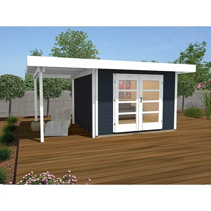 Weka Gartenhaus Designhaus 126 A+ - Außenmaß inkl. Dachüberstand (B x T): 500 x 377 cm, Holz, Anthrazit/Weiß, 13,304 m² - Holzgartenhaus mit moderner Überdachung, ideal für Entspannung im Freien. Das Haus bietet mit seinen Doppeltüren einen schönen Eingang.