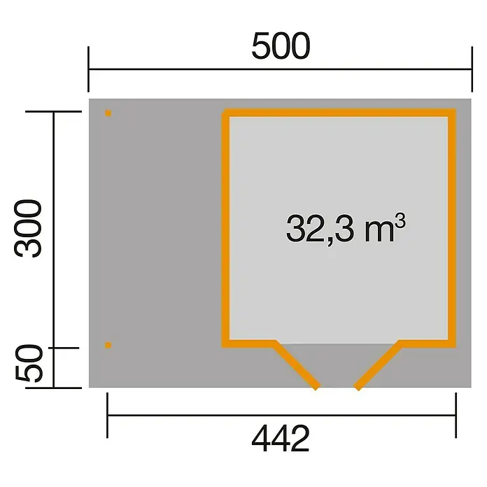 Weka Gartenhaus Designhaus 126 A+ - Außenmaß inkl. Dachüberstand (B x T): 500 x 377 cm, Holz, Anthrazit/Weiß, 13,304 m² - Grundriss des Holzgartenhauses mit Außenmaßen 500x300 und 442x50 mm, Innenraumvolumen 32,3 m³. Ideal für Gartenbedarf.