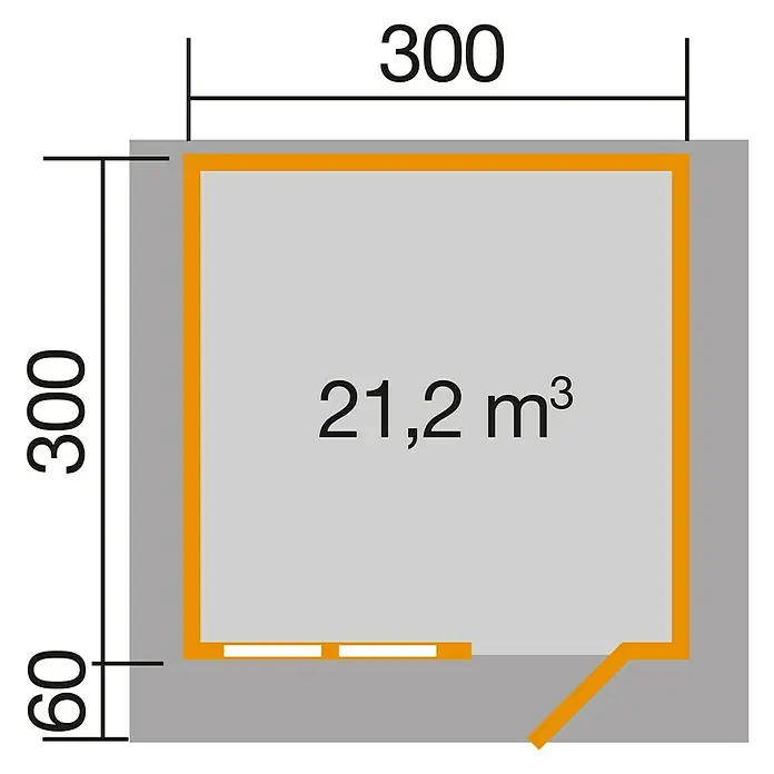 Weka Gartenhaus 139 - Außenmaß inkl. Dachüberstand (B x T): 380 x 374 cm, Holz, Natur, 9 m² - Grundriss eines Raumes mit Abmessungen und Volumenangabe. Die Raumgröße beträgt 300 x 300 mit einem Volumen von 21,2 m³.