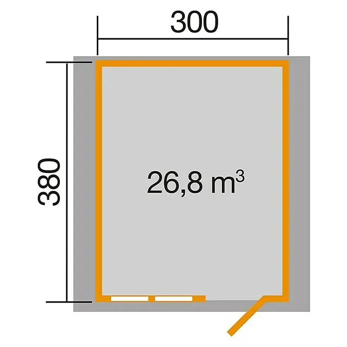 Weka Gartenhaus 139 - Außenmaß inkl. Dachüberstand (B x T): 380 x 414 cm, Holz, Natur, 11,4 m² - Illustration eines Raumgrundrisses mit Abmessungen von 300 x 380 cm und einem Volumen von 26,8 m³. Perfekt für Planungszwecke.