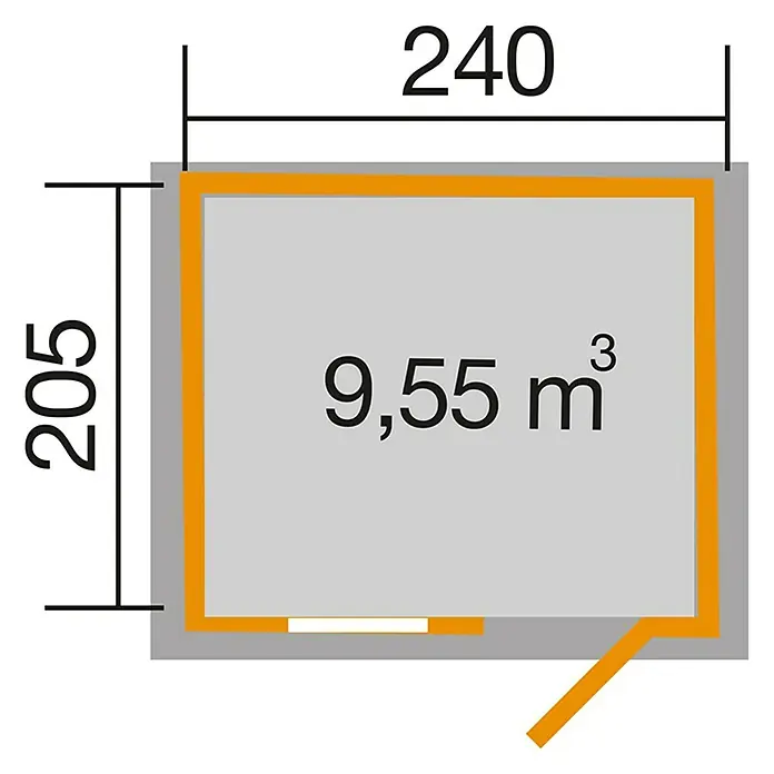 Weka Gartenhaus 123 - Außenmaß inkl. Dachüberstand (B x T): 306 x 239 cm, Holz, Schwedenrot/Weiß, 4,941 m² - Grundrisszeichnung eines quadratischen Raumes mit den Maßen 240 x 205 und einem Volumen von 9,55 m³. Ideal für die Planung Ihres Projekts.