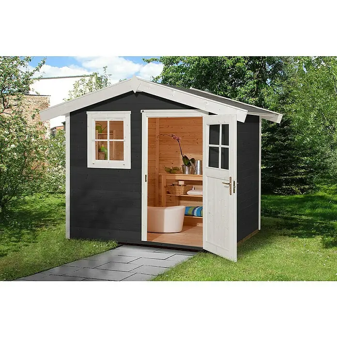 Weka Gartenhaus 123 - Außenmaß inkl. Dachüberstand (B x T): 380 x 274 cm, Holz, Anthrazit/Weiß, 7,074 m² - Ein stilvolles Gartenhaus in dunklem Holz mit weißen Akzenten, einladend mit offener Tür und Fenster. Perfekt für Entspannung im Grünen.