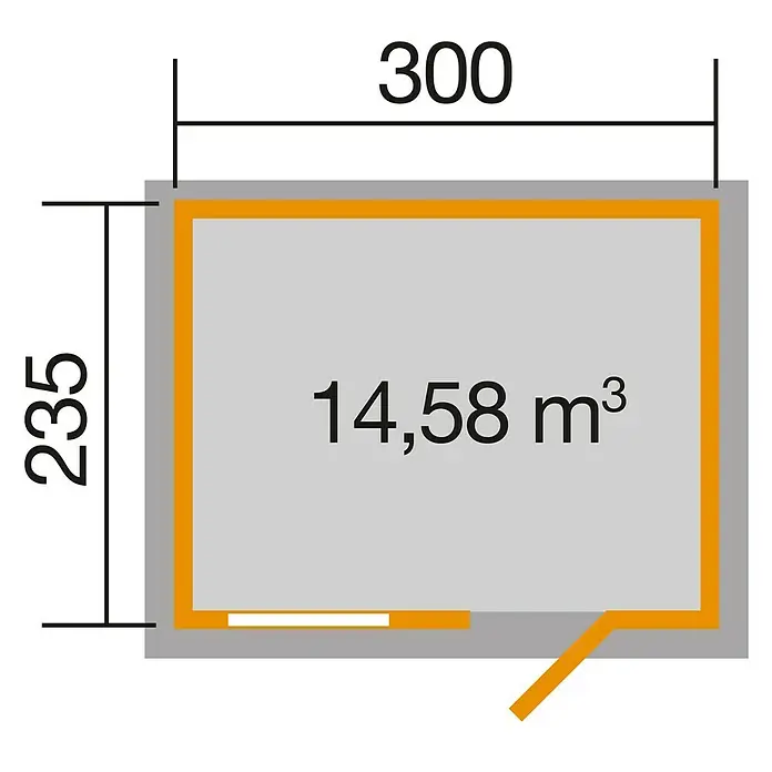 Weka Gartenhaus 123 - Außenmaß inkl. Dachüberstand (B x T): 380 x 274 cm, Holz, Schwedenrot/Weiß, 7,074 m² - Grundrisszeichnung eines Raumes mit den Maßen 300 x 235 und einem Volumen von 14,58 m³.