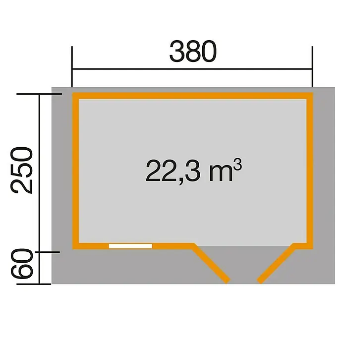 Weka Gartenhaus 111 - Außenmaß inkl. Dachüberstand (B x T): 460 x 324 cm, Holz, Natur, 9,5 m², Ohne Vordach & Brüstungsgeländer - Grundriss des Produkts mit Abmessungen und Volumenangabe.