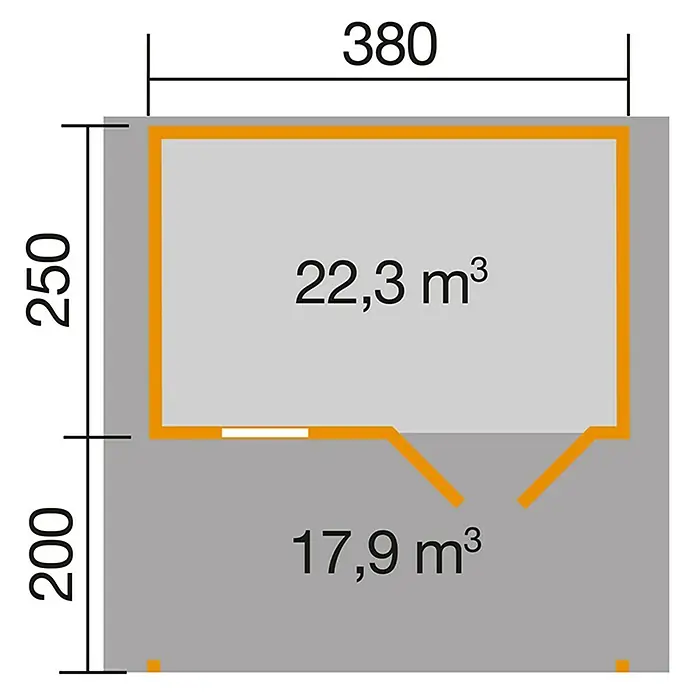 Weka Gartenhaus 111 - Außenmaß inkl. Dachüberstand (B x T): 460 x 464 cm, Holz, Natur, 17,1 m², Mit Vordach - Grundrisszeichnung eines Hauses mit den Maßen 380 x 250 und 200, mit Volumenangaben von 22,3 m³ und 17,9 m³.