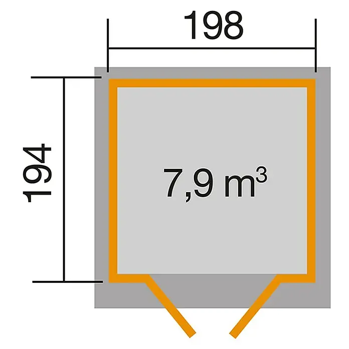 Weka Gerätehaus 325 - Außenmaß inkl. Dachüberstand (B x T): 200 x 241 cm, Holz, 3,88 m², Wandstärke: 19 mm, Eiche Hell - Abbildung eines Produkts mit den Maßen 194 x 198 cm und einem Volumen von 7,9 m³, dargestellt in einer schematischen Zeichnung.