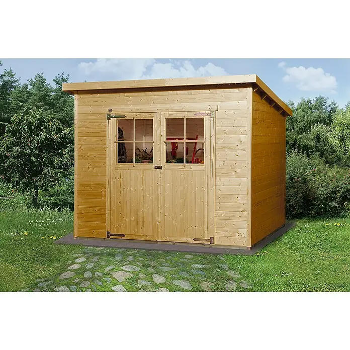 Weka Gerätehaus 325 - Außenmaß inkl. Dachüberstand (B x T): 278 x 243 cm, Holz, 4,95 m², Wandstärke: 19 mm, Eiche Hell - Ein geräumiges Gartenhaus aus hellem Holz mit Doppeltüren und Fenstern, das zusätzlichen Stauraum im Freien bietet.