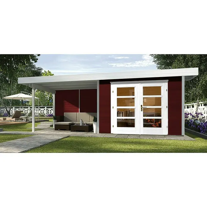 Weka Gartenhaus Designhaus 126 B + Anbau 300 cm - Außenmaß inkl. Dachüberstand (B x T): 645 x 316 cm, Holz, Schwedenrot/Weiß - Dieses Bild zeigt ein modernes Gartenhaus mit überdachter Terrasse, ideal zum Entspannen im Freien. Das Haus besticht durch sein stilvolles Design.