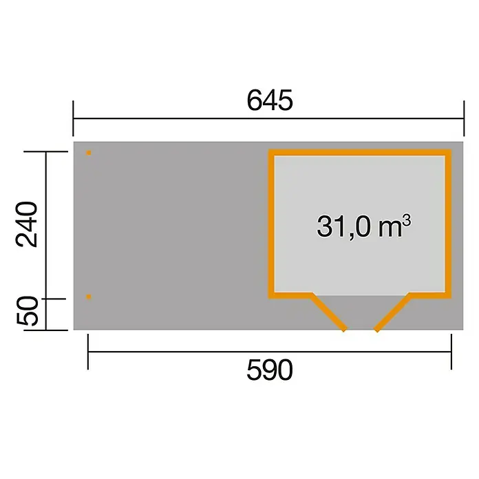 Weka Gartenhaus Designhaus 126 B + Anbau 300 cm - Außenmaß inkl. Dachüberstand (B x T): 645 x 316 cm, Holz, Schwedenrot/Weiß - Grundriss des Gartenhauses mit den Maßen 645x240, 590x50 und einem Rauminhalt von 31,0 m³. Ideal für die Planung Ihres Gartenprojekts.
