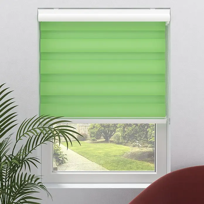 Expo Ambiente Doppelrollo mit KassetteB x H: 60 x 175 cm, Grün - Ein grünes, gestreiftes Rollo bedeckt einen Teil des Fensters und sorgt für Privatsphäre.