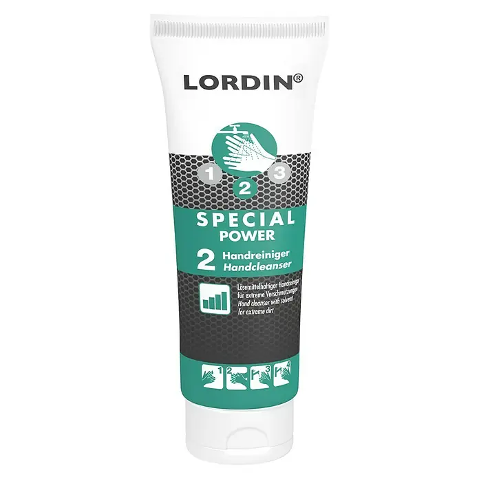 Lordin Handreiniger Special Power - 250 ml - Abbildung der Lordin Special Power 2 Handreiniger Tube mit Hinweisen zur Anwendung und den Inhaltsstoffen.