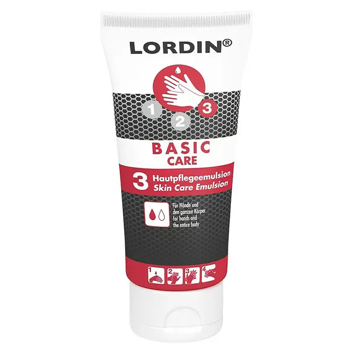 Lordin Hautpflege Basic Care100 ml - Produktbild der Lordín Basic Care Hautpflegeemulsion für Hände und Körper, präsentiert in einer weißen Tube mit rotem Akzent.
