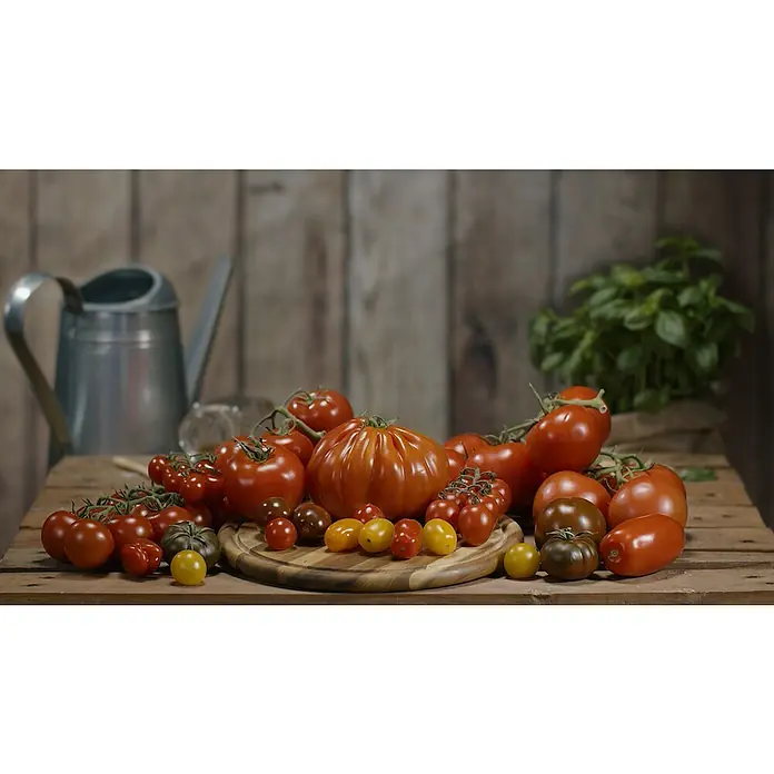 KHW Tomatengewächshaus Tomatenhut 3er SetDurchmesser: 49 cm, Kunststoff - Eine Vielfalt an Tomaten, darunter Ochsenherz- und Kirschtomaten, mit frischem Basilikum und Gießkanne auf einem Holztisch.