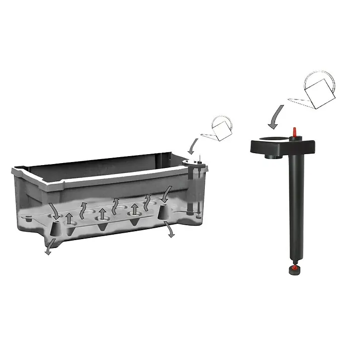 KHW Pflanzkasten mit Spalier - Außenmaß (L x B x H): 79 x 35 x 115 cm, Kunststoff, Grau - Eine Produktabbildung, die die Bewässerungsfunktion des erhöhten Pflanzgefäßes zeigt. Das Bild konzentriert sich auf die Bewässerungsfunktion des Pflanzgefäßes.