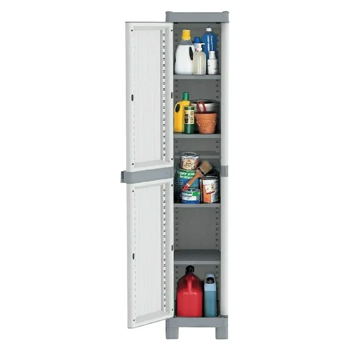 Terry Kunststoff-Mehrzweckschrank Wave Base 2350R - L x B x H: 35 x 43,8 x 181,8 cm - Grauer und weißer Mehrzweckschrank mit Regalen, gefüllt mit verschiedenen Reinigungs- und Haushaltsartikeln, mit offener Tür.