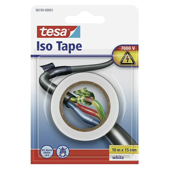 Tesa Cinta aislante de PVC Blis - 10 m x 15 mm, Blanco - Imagen del embalaje de Tesa Iso Tape, una cinta aislante que aísla hasta 7000 V, disponible en blanco con dimensiones de 10 m x 15 mm.