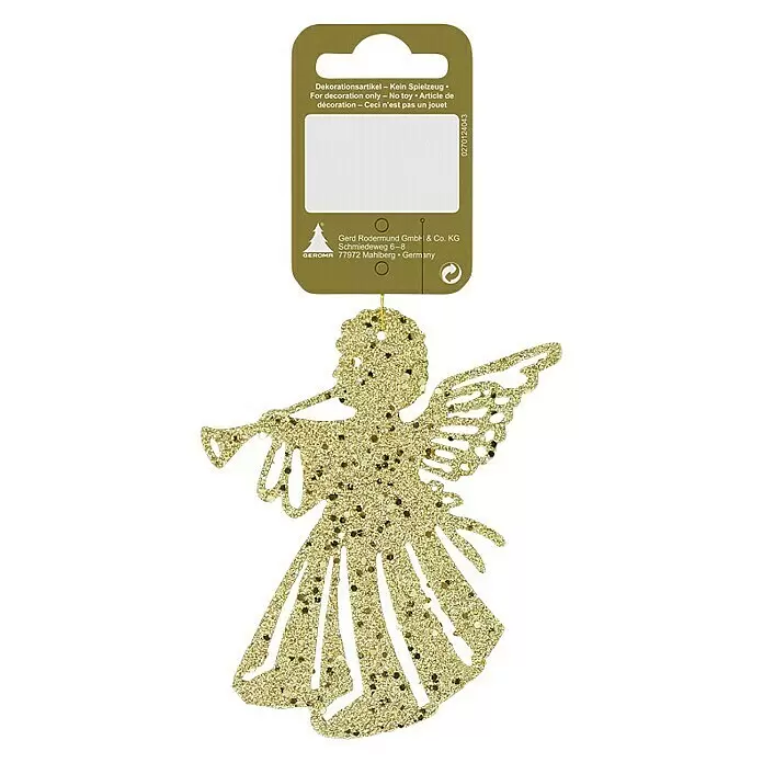 Christbaumschmuck Engel - Gold, Kunststoff, 1 Stk. - Ein goldglitzernder Engel-Ornament, der Trompete spielt, an einem Etikett hängend.