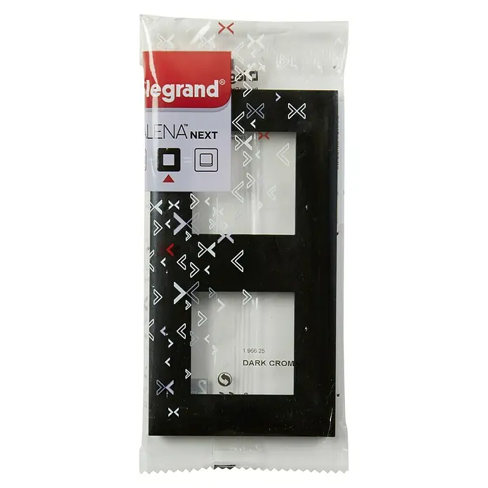 Legrand Valena Next Marco - Negro/Cromo, Modelo de mecanismos: x 2, Plástico, Colocar - Marco doble Legrand ALENA NEXT en cromo oscuro, ideal para instalaciones modernas de interruptores y enchufes, empaquetado.