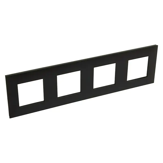Legrand Valena Next Marco - Negro/Cromo, Modelo de mecanismos: x 4, Plástico, Instalar - Placa frontal negra con cuatro recortes cuadrados para interruptores o enchufes, ideal para interiores modernos.