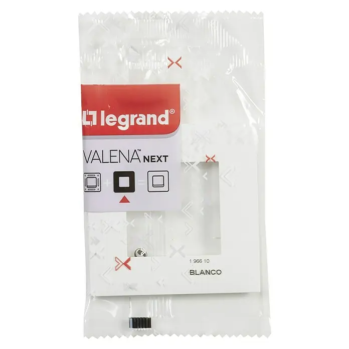 Legrand Valena Next Marco - Blanco, Modelo de mecanismos: x 1, Plástico, Colocar - Toma de un interruptor blanco Legrand Valena Next en un paquete de plástico transparente, mostrando la marca y detalles como "Blanco".