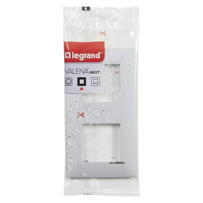 Legrand Valena Next Marco - Aluminio, Modelo de mecanismos: x 2, Plástico, Instalar - Placa de cubierta Legrand Valena Next en aluminio empaquetada, ideal para instalaciones elegantes de interruptores y enchufes.