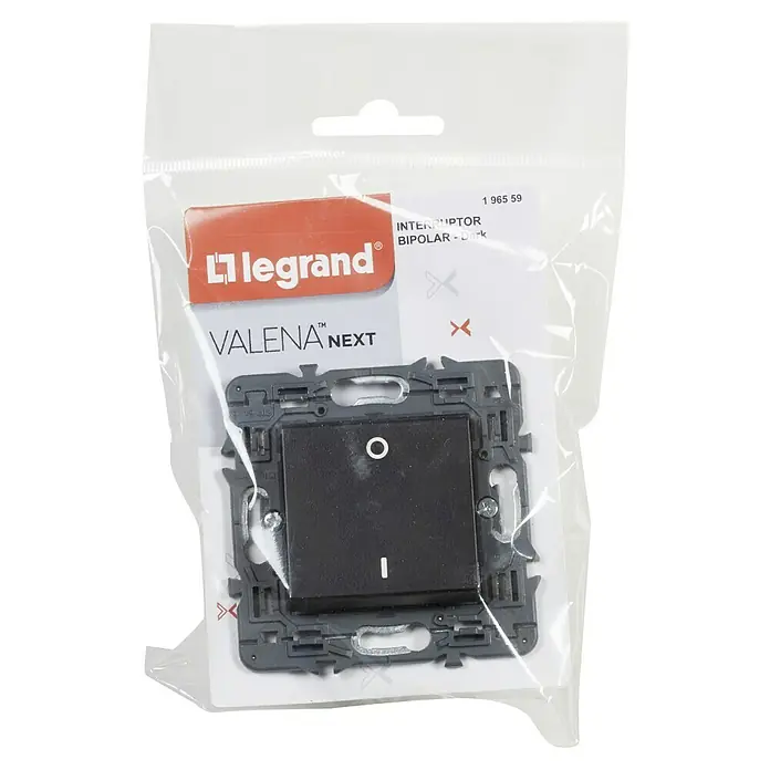 Legrand Valena Next Conmutador Bipolar - Negro, Brillante, Montaje en la pared, 16 A - Interruptor bipolar Legrand Valena Next en color oscuro, empaquetado en un blíster de plástico transparente con orificio para colgar.