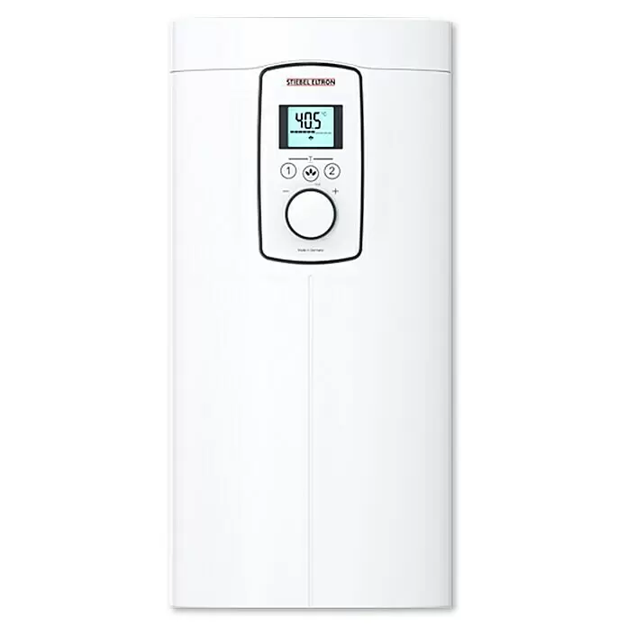 Stiebel Eltron Calentador - 18/21/24 kW, Electrónico, Se puede cerrar - Calentador de agua eléctrico blanco rectangular con pantalla digital (40,5°C) y panel de control.