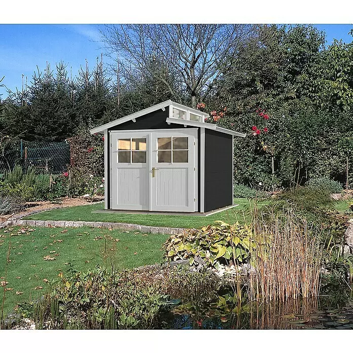 Weka Gartenhaus 226 - Außenmaß inkl. Dachüberstand (B x T): 267 x 261 cm, Holz, Anthrazit/Weiß, 5,617 m² - Stimmungsaufnahme