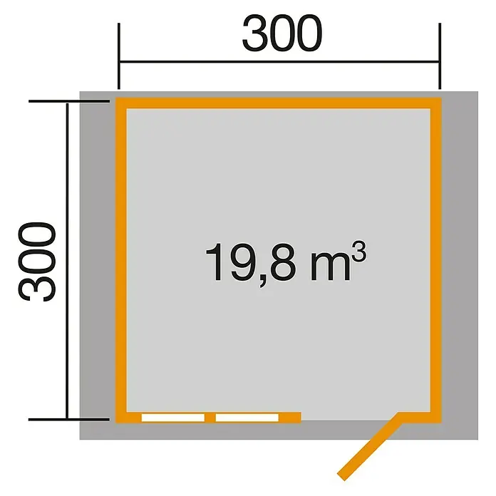 Weka Gartenhaus 139 - Außenmaß inkl. Dachüberstand (B x T): 380 x 334 cm, Holz, Natur, 9 m² - Grundriss des Schuppens mit den Maßen 300 x 300 und einem Volumen von 19,8 m³.