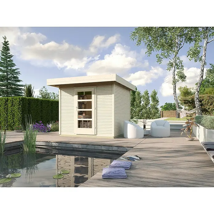 Weka wekaLine Gartenhaus Designhaus 172 - Außenmaß inkl. Dachüberstand (B x T): 279 x 316 cm, Holz, Natur, 5,663 m² - Gartenoase mit einem modernen Gartenhaus aus hellem Holz neben einem idyllischen Teich, umgeben von üppigem Grün und einladenden Sitzgelegenheiten.