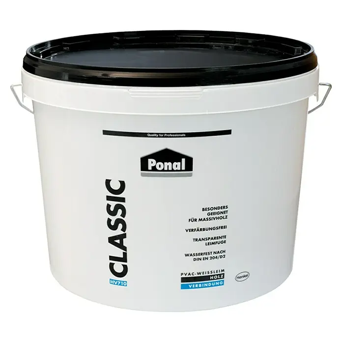 Ponal Holzleim Classic - 5 kg, Lösemittelfrei - Abbildung eines Eimers Ponal Classic Holzleim, speziell für Profis, ideal für Massivholz, verfärbungsfrei und wasserfest nach DIN EN 204/D2.