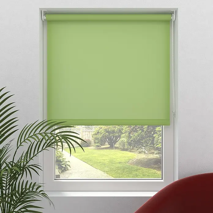 Expo Ambiente Rollo Mini - B x H: 100 x 150 cm, Grün, Uni, Tageslichtdurchlässig - Grüne Rollos verdecken das Fenster und lassen nur einen Blick auf den Garten zu. Perfekt für Privatsphäre und sanftes Licht.