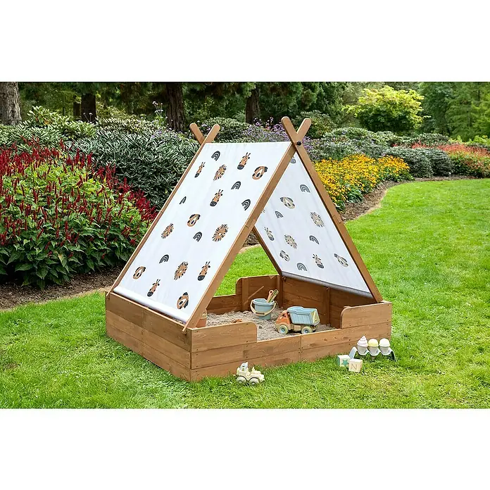 Muddy Buddy Sandkasten Safari Seeker140 x 120 x 140 cm, Holz, Kakaobraun - Ein hölzerner Sandkasten mit Tiermotiven-Abdeckung und Spielzeug, perfekt für den Garten, bietet stundenlangen Spielspaß im Freien für Kinder.