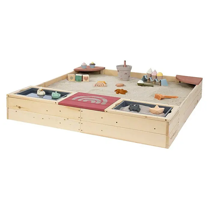 Muddy Buddy Sandkasten Beach Rebel - L x B x H: 135 x 125 x 20 cm, Holz, Rosa/Natur - Ein helles, quadratisches Sandkasten-Spielset mit verschiedenen Spielzeugen und integrierten Wasserbecken für Kinder.