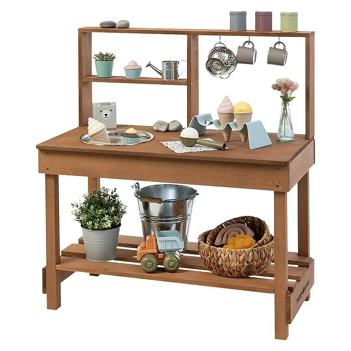 Muddy Buddy Matschküche Mud Starter - 80 x 40 x 90 cm, Holz, Braun - Ein Spieltisch aus Holz mit Fächern und Spielzeug. Perfekt für kreative Rollenspiele im Kinderzimmer oder Garten.