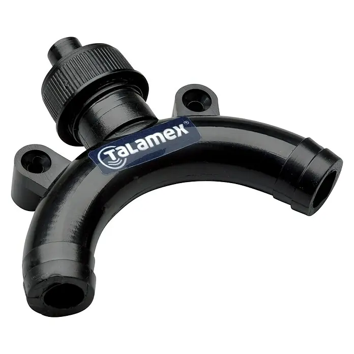 Talamex Belüftungsventil - 19 mm - Schwarzer Talamex-Entlüfter mit einem Aufkleber, der das Logo der Marke zeigt, das auf einem schwarzen Hintergrund isoliert ist.