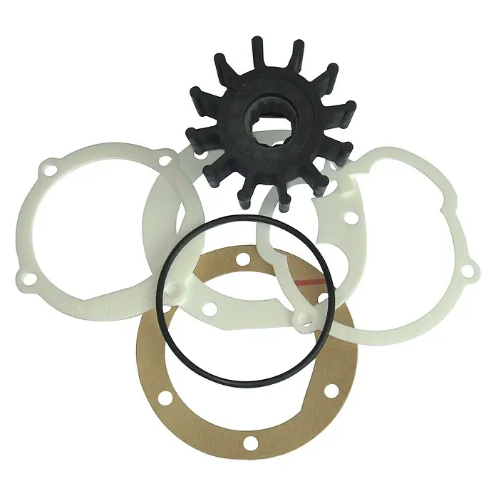 Impeller - Ø x L: 57 x 31,6 mm, Wellendurchmesser: 14,29 mm - Eine Nahaufnahme von diversen Dichtungen und einem schwarzen Impeller, typische Bestandteile eines Pumpenreparatursets.