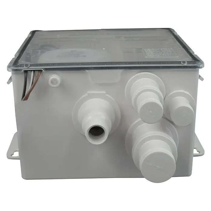 Abwasserpumpe - 12 V - Graue Abwasserpumpe mit transparentem Deckel und verschiedenen Anschlüssen für Sanitärinstallationen.