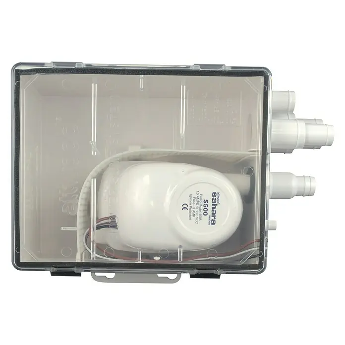 Abwasserpumpe - 12 V - Eine Sahara S500 Lenzpumpe in einem transparenten Gehäuse, ideal für den Einsatz in beengten Räumen und einfache Installation.