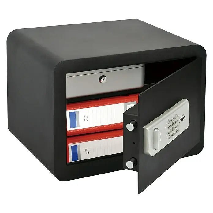 Stabilit Caja fuerte Security Box BE-2 - L x An x Al: 42 x 35 x 30 cm, Cerradura de combinación electrónica - Imagen de una caja fuerte para muebles con compartimento abierto, diseñada para guardar documentos importantes y objetos de valor.