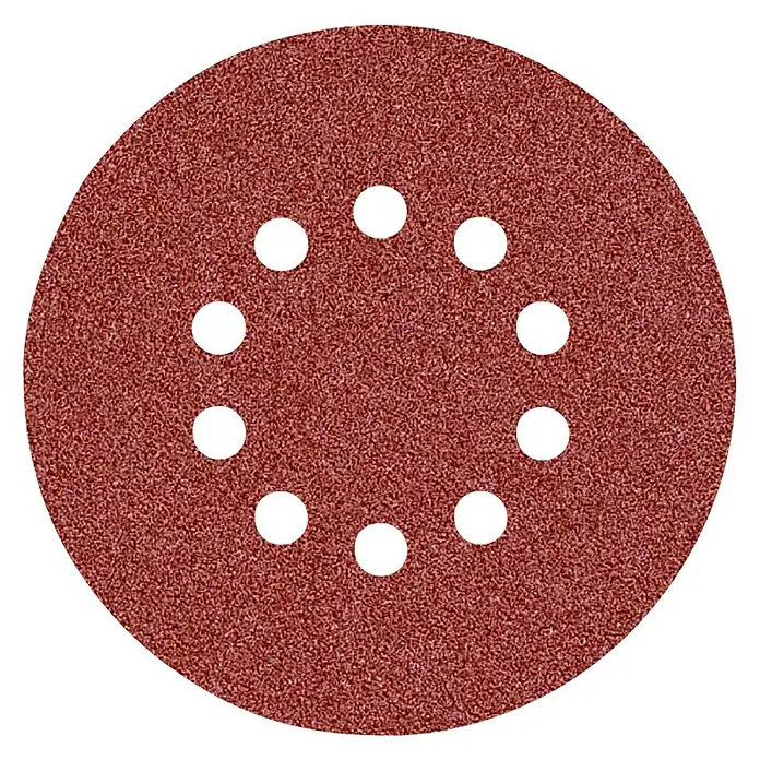 Disco de lija autoadherente - Diámetro: 215 mm, Grano: 80 mm, 10 ud. - Disco de lijado rojo con agujeros, ideal para el acabado de superficies y trabajos de lijado, asegurando un resultado uniforme.