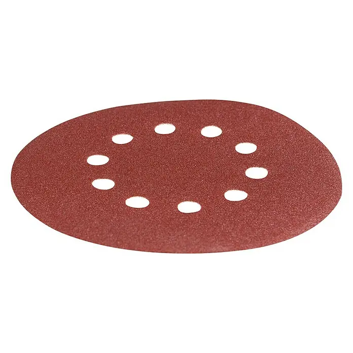 Disco de lija autoadherente - Diámetro: 215 mm, Grano: 80 mm, 10 ud. - Primer plano de un disco de papel de lija redondo con varios agujeros en el centro, apto para lijadoras.