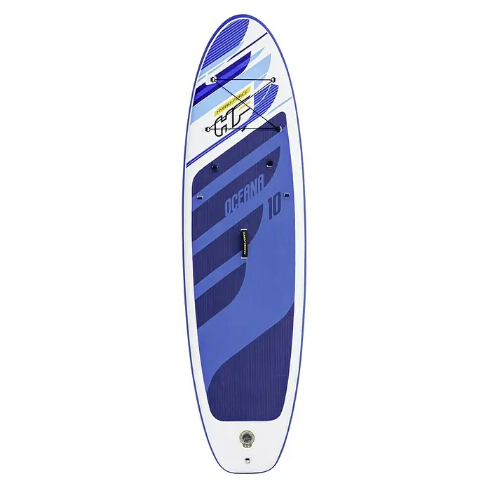 Bestway Juego de paddle surf Oceana - L x An x Al: 305 x 84 x 12 cm, Carga útil: 120 kg, Hinchable - Primer plano de una tabla de paddle surf Hydro-Force Oceana de 10' con diseño azul y borde blanco.
