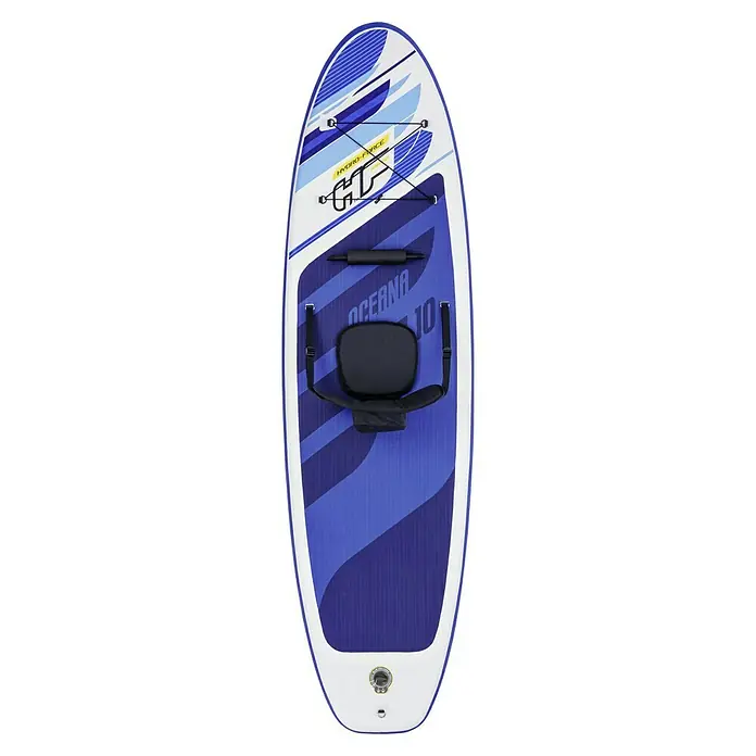 Bestway Juego de paddle surf Oceana - L x An x Al: 305 x 84 x 12 cm, Carga útil: 120 kg, Hinchable - Una foto de cerca de una tabla de paddle surf Hydro-Force Oceana con asiento y diseño azul y blanco.
